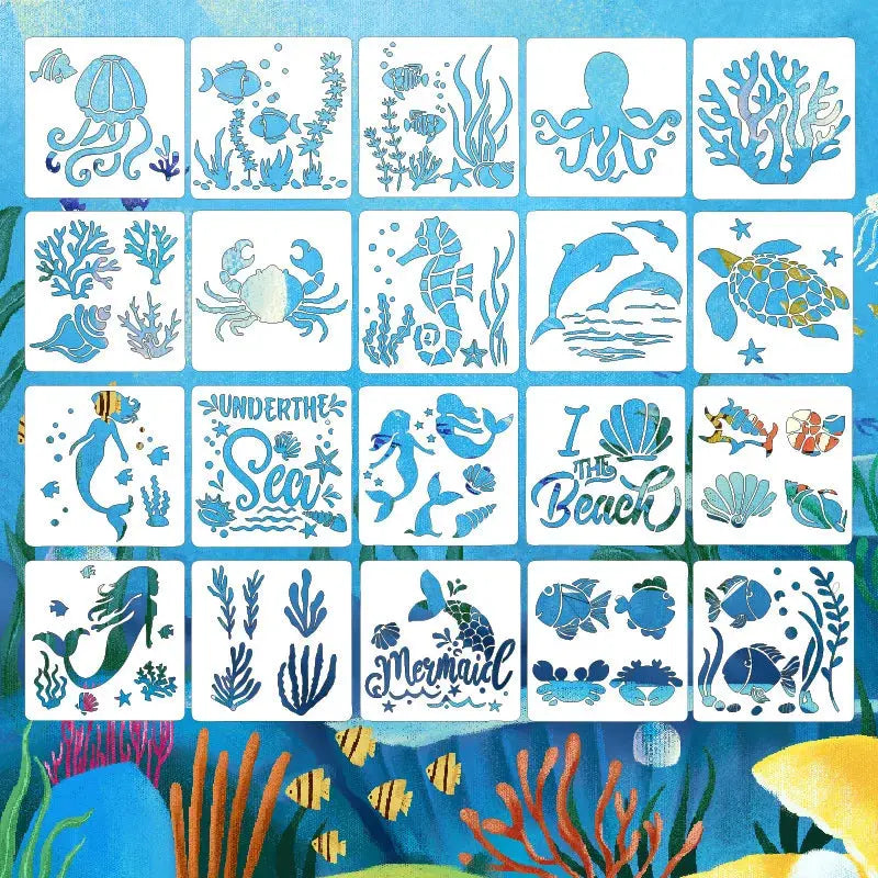 Planche de vingt pochoirs animaux marins, méduse, coraux, sirène et coquillages