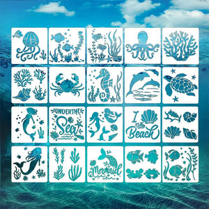 Planche de vingt pochoirs marins sur fond océan pour scrapbooking d'été