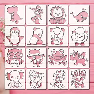 Pochoir animaux mignons lot 16 motifs : lion panda licorne tigre dinosaure éléphant grenouille