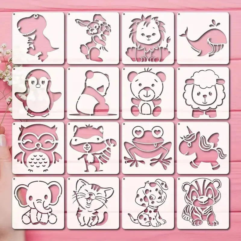 Pochoir animaux mignons lot 16 motifs : lion panda licorne tigre dinosaure éléphant grenouille