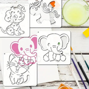 Pochoir animaux mignons démonstration : dalmatien licorne éléphant et chat colorés rose orange