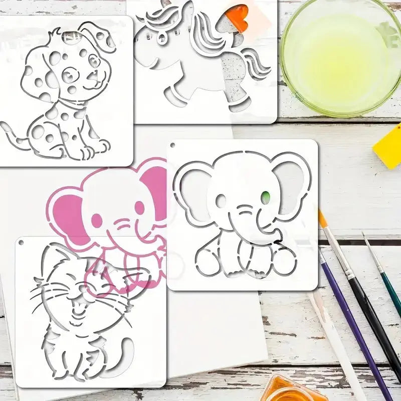 Pochoir animaux mignons démonstration : dalmatien licorne éléphant et chat colorés rose orange