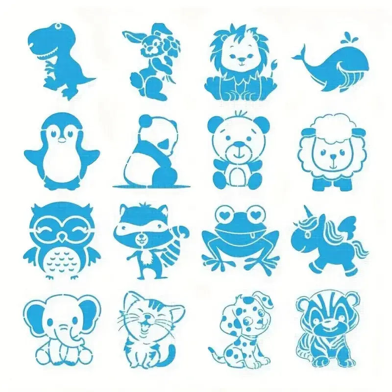 Pochoir animaux mignons version bleue lot 16 motifs : assortiment kawaii format carré ajouré