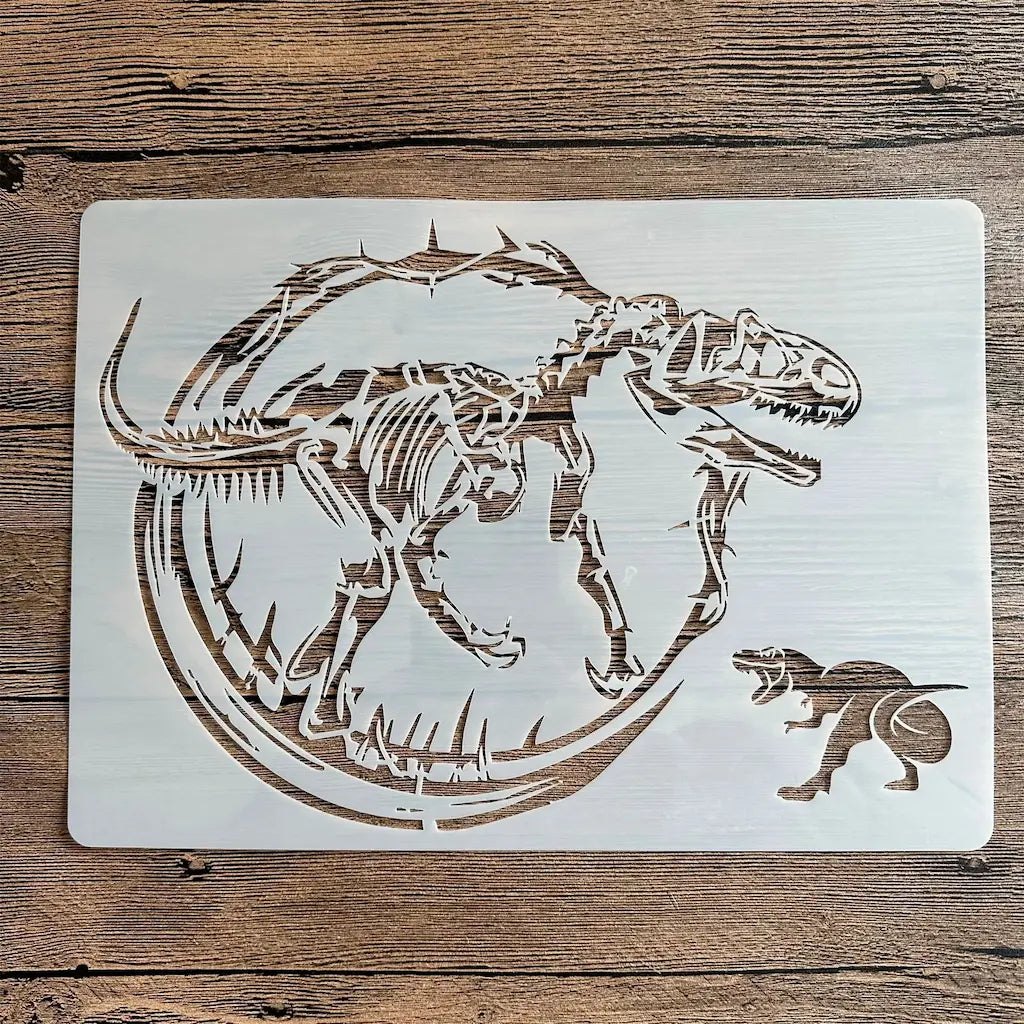 Pochoir squelette de dinosaure avec petit dino vivant pour scrapbooking préhistoire et anniversaire enfant