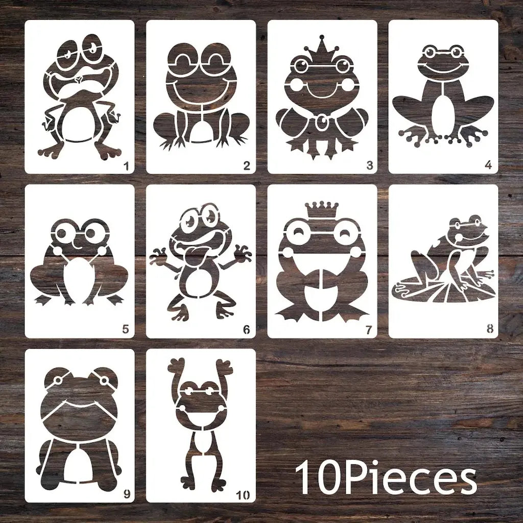 Pochoir animaux lot 10 grenouilles stylisées : reine couronnée yoga assise et debout, fond bois