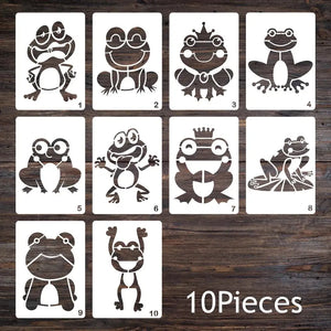 Pochoir animaux lot 10 grenouilles stylisées : reine couronnée yoga assise et debout, fond bois