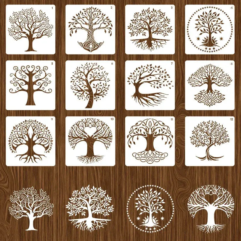 Pochoir arbre de vie lot 16 motifs : silhouettes feuillues racines profondes et cadres ronds