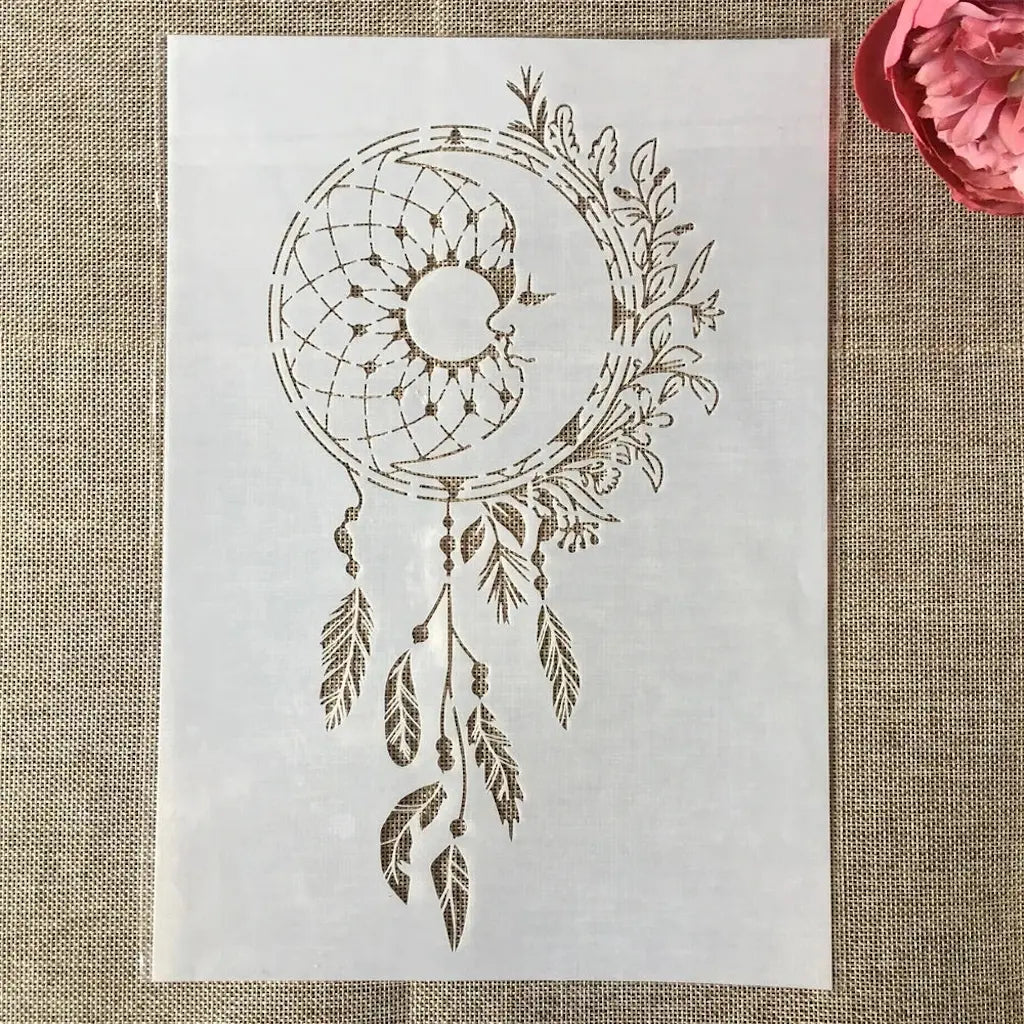 Pochoir attrape-rêve croissant de lune avec plumes suspendues, planche verticale ajourée