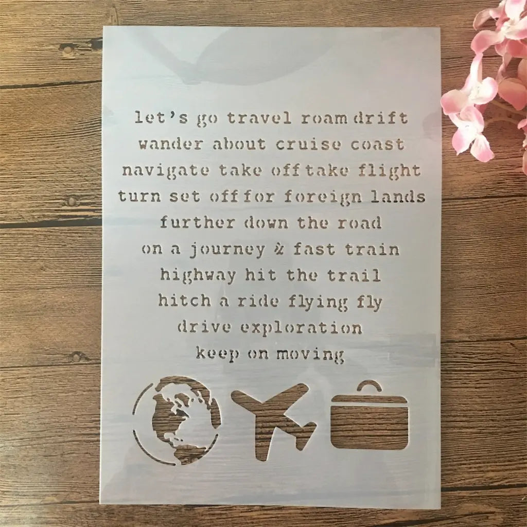 Pochoir avion texte voyage Let's go travel, globe terrestre, avion et valise ajourés A4