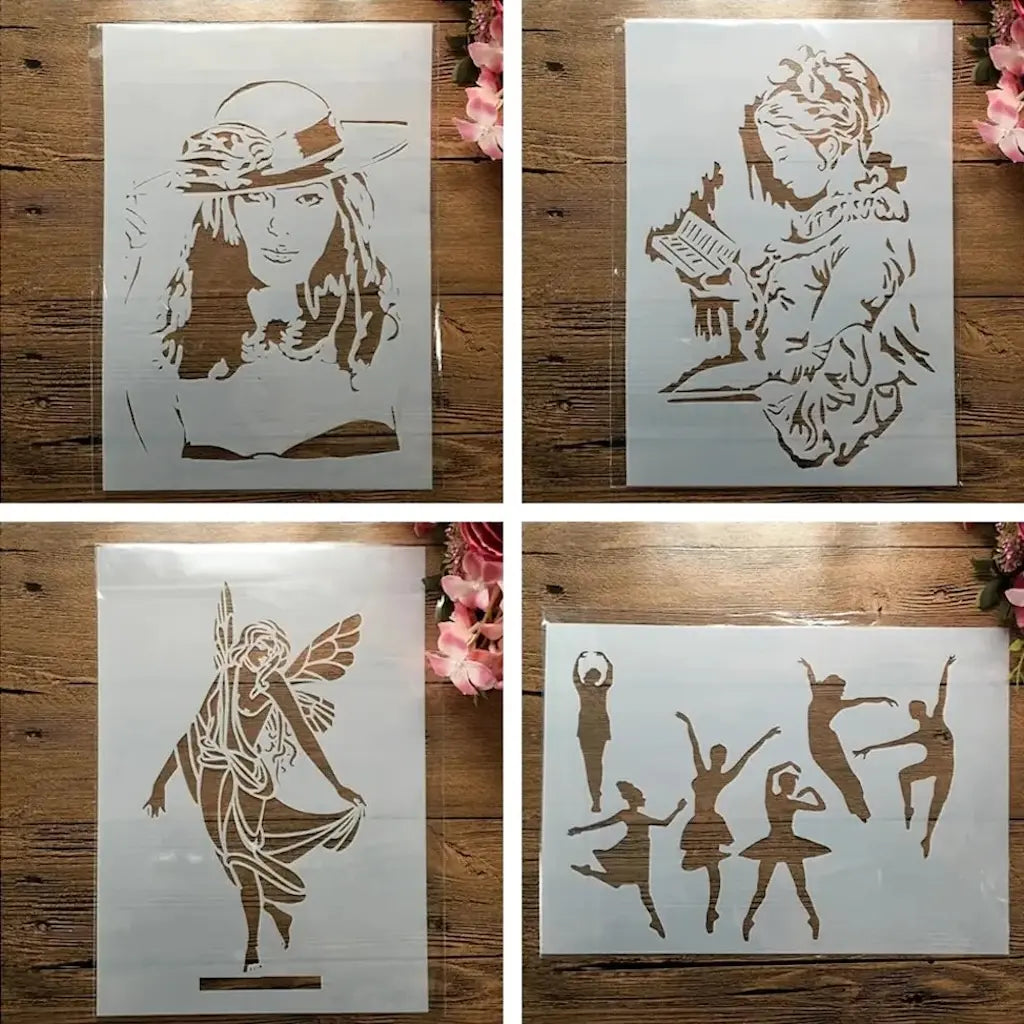 Pochoir ballerine lot 4 motifs : femme au chapeau, pianiste, fée ailée, six silhouettes ballet