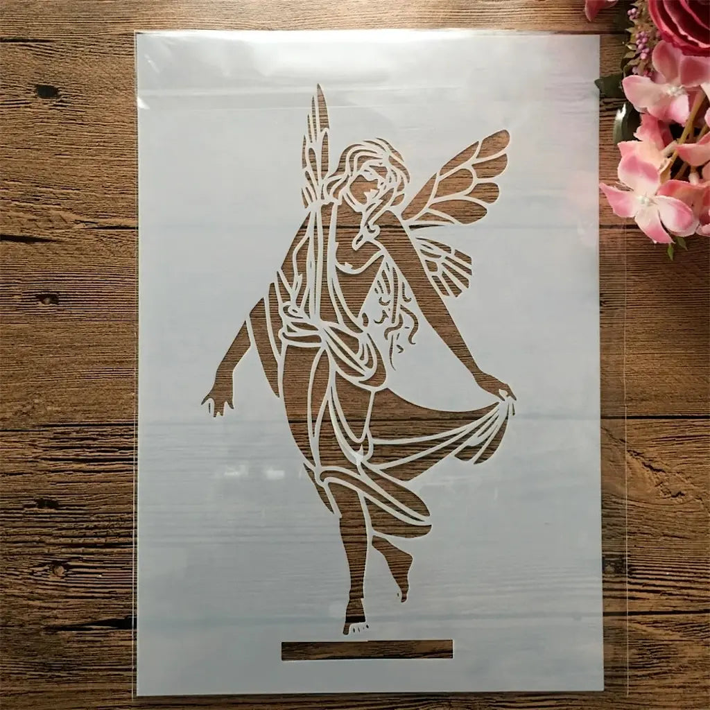 Pochoir ballerine fée ailée en robe drapée tenant un pan, silhouette stylisée format vertical