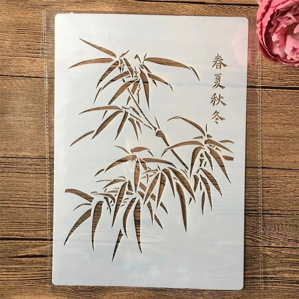 Pochoir bambou aux feuilles élancées et calligraphie verticale pour scrapbooking zen