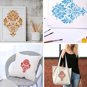 Pochoir baroque utilisé en orange sur cadre, bleu, rouge sur coussin et brun sur tote