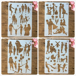 Quatre planches pochoirs silhouettes famille mère et enfants pour scrapbooking fête des Mères