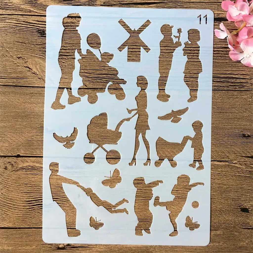 Planche pochoirs silhouettes famille avec poussettes et enfants pour album fête des Mères