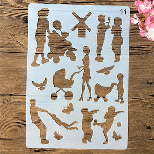 Planche pochoirs silhouettes famille avec poussettes et enfants pour album fête des Mères