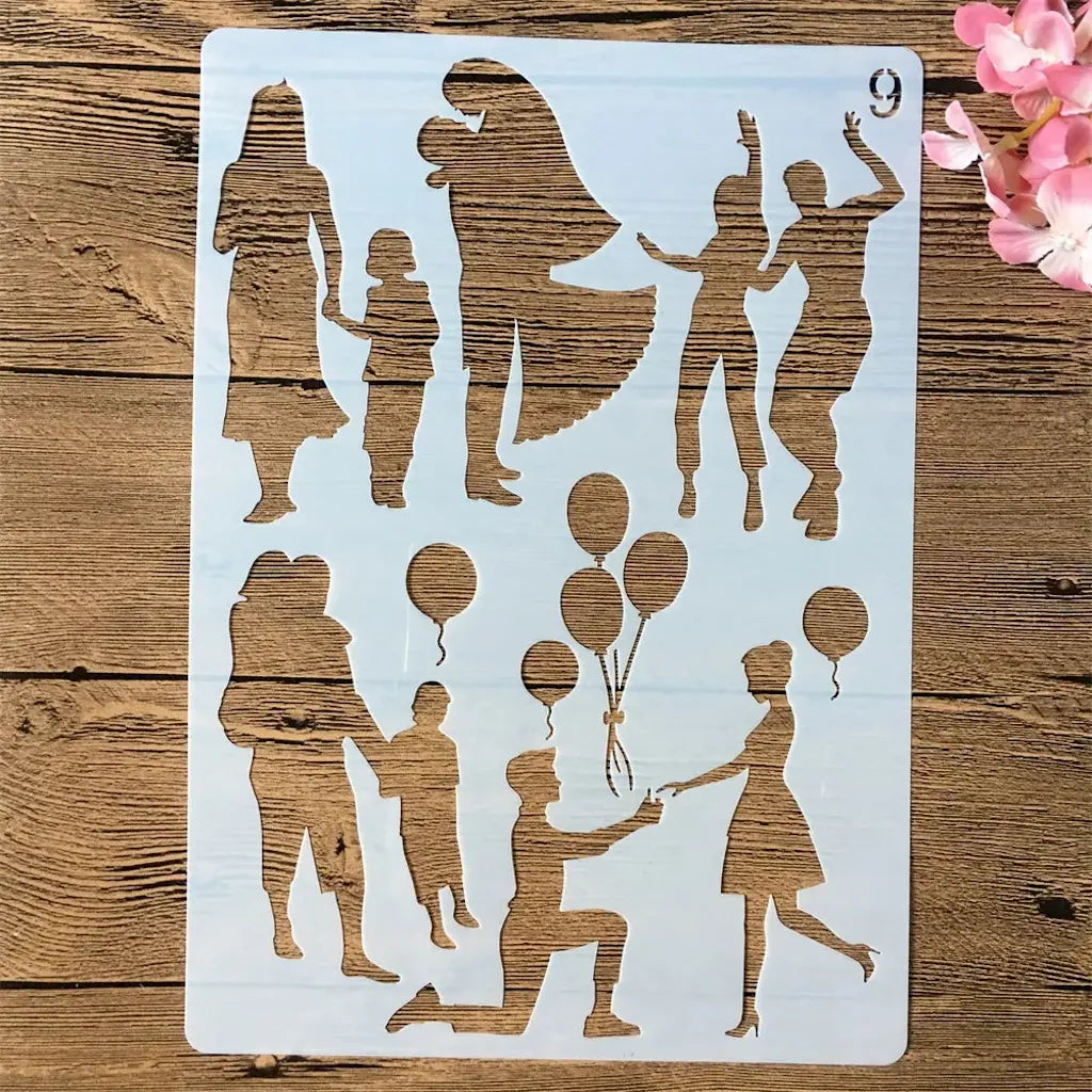 Planche pochoirs silhouettes femmes et enfants aux ballons pour scrapbooking joyeux