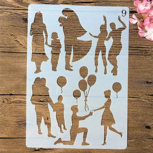 Planche pochoirs silhouettes femmes et enfants aux ballons pour scrapbooking joyeux