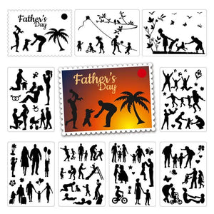 Planche pochoirs fête des Pères silhouettes père enfant et timbre commémoratif pour scrapbooking