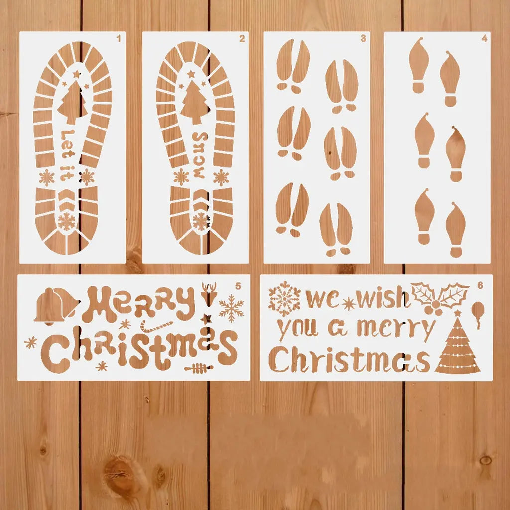 Pochoir bonne fête lot 6 planches Noël : empreintes sapin Merry Christmas et we wish you merry