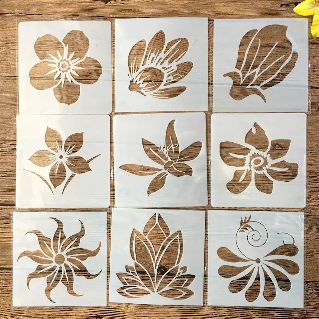 Pochoir bourgeon lot 9 fleurs stylisées : sauvage lys magnolia clématite tulipe lotus ajourés