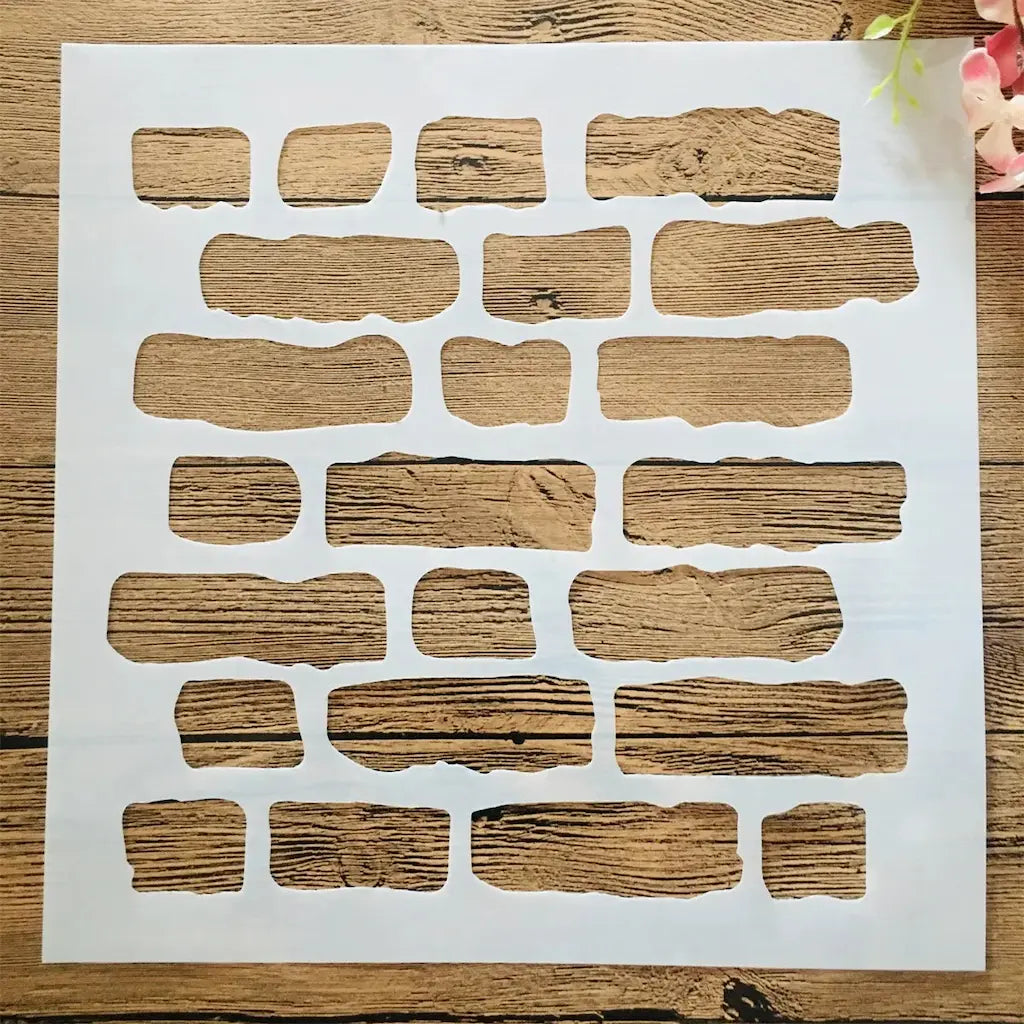 Pochoir brique mur ancien irrégulier 7 rangs, motif texture rustique ajouré format carré