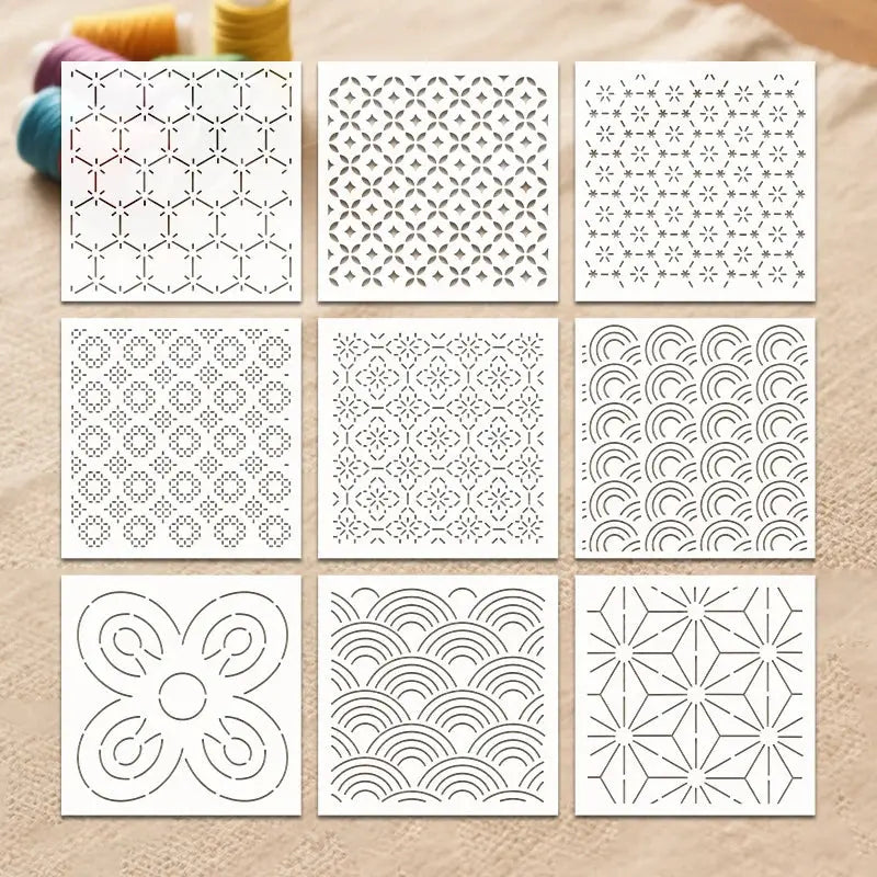 Pochoir Broderie neuf motifs géométriques Sashiko