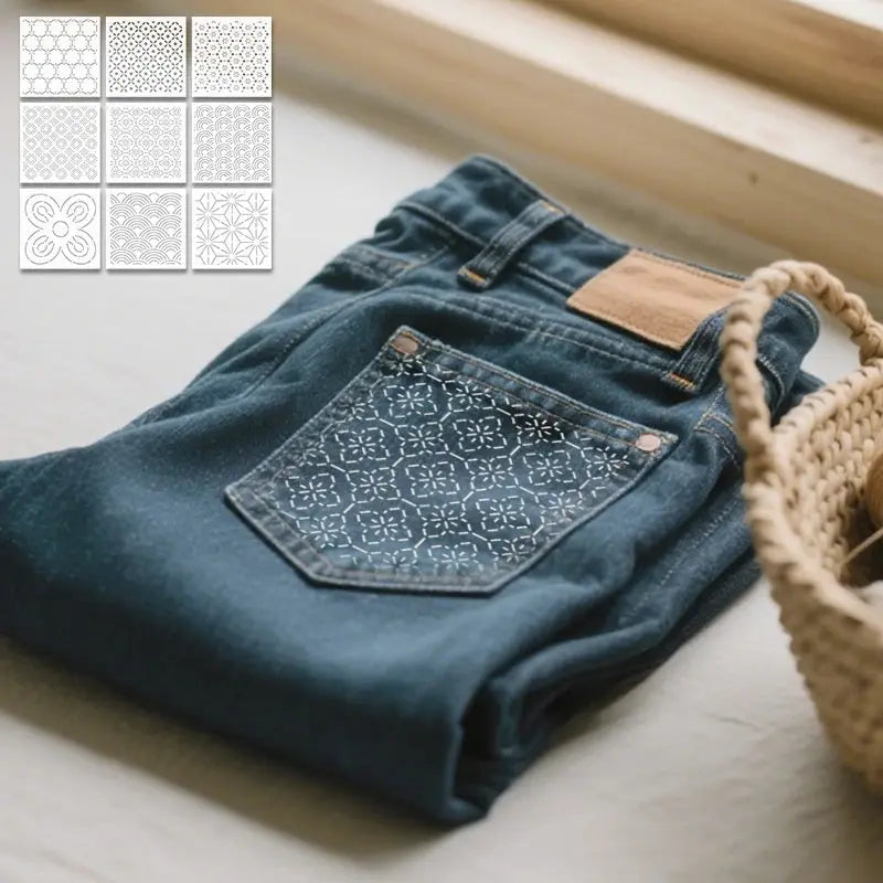 Pochoir Broderie blanc sur poche de jean bleu