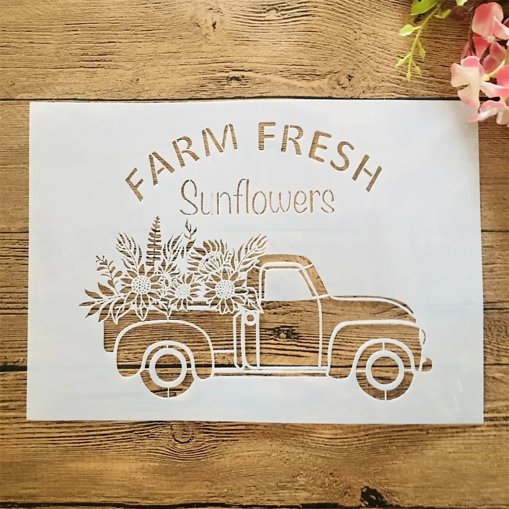 Pochoir camion vintage Farm Fresh Sunflowers, pickup chargé de tournesols sur fond bois rustique