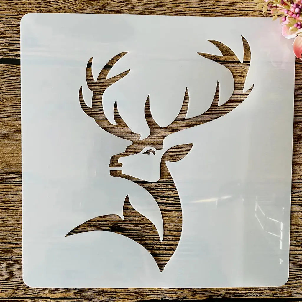 Pochoir cerf tête majestueuse avec grands bois ramifiés, silhouette ajourée plastique blanc