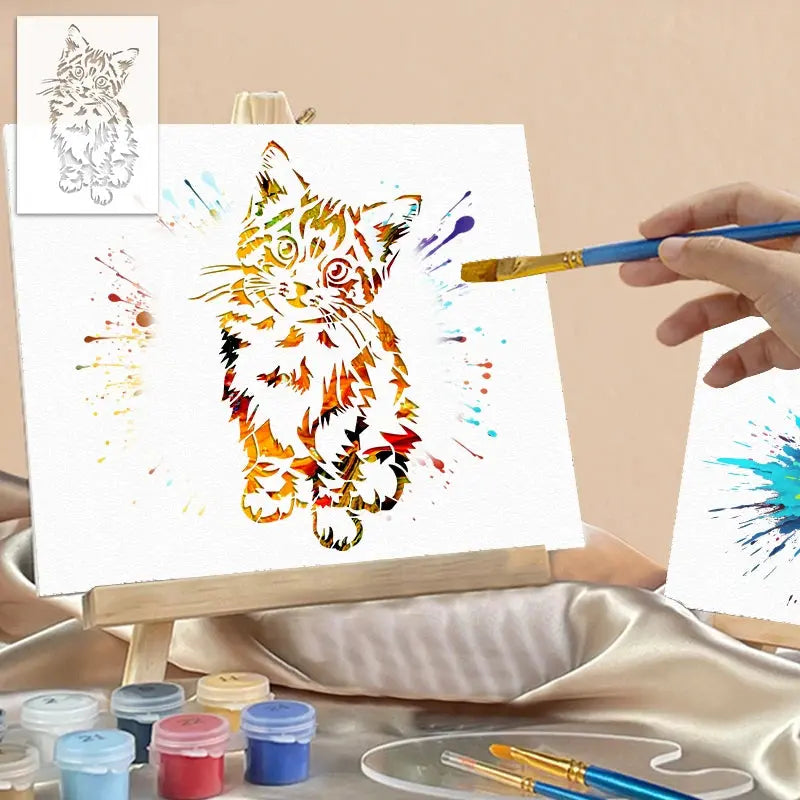 Pochoir Chat Dessin coloré sur toile peinte au chevalet