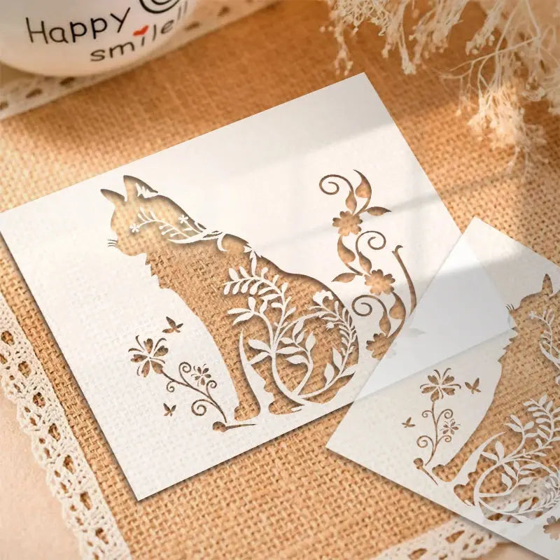 Pochoir Chat Fleur silhouette élégante avec branches florales