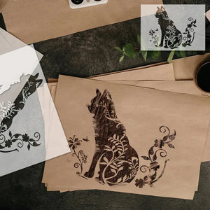 Pochoir Chat Fleur brun sur enveloppes kraft décoratives