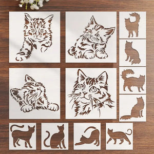 Pochoir chats lot 12 motifs : portraits réalistes, silhouettes assises debout couchées