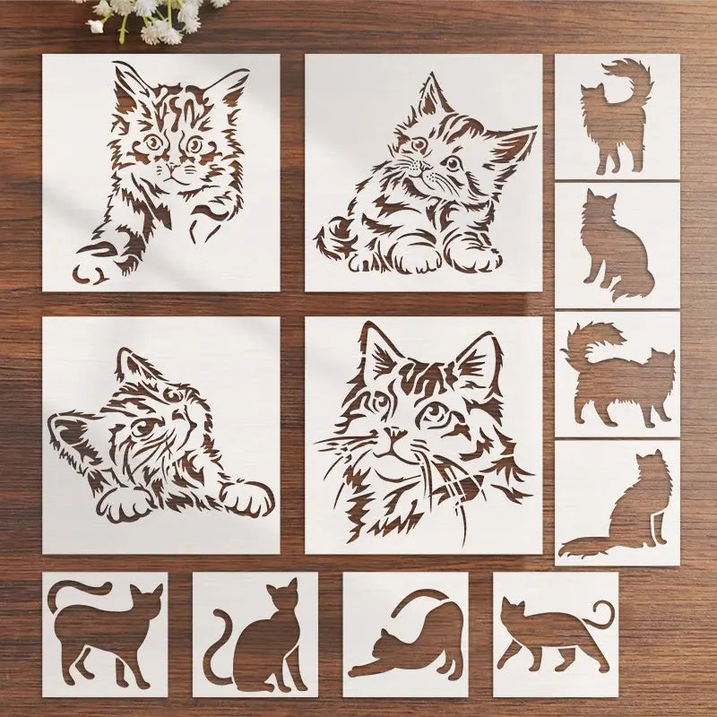 Pochoir chats lot 12 motifs : portraits réalistes, silhouettes assises debout couchées