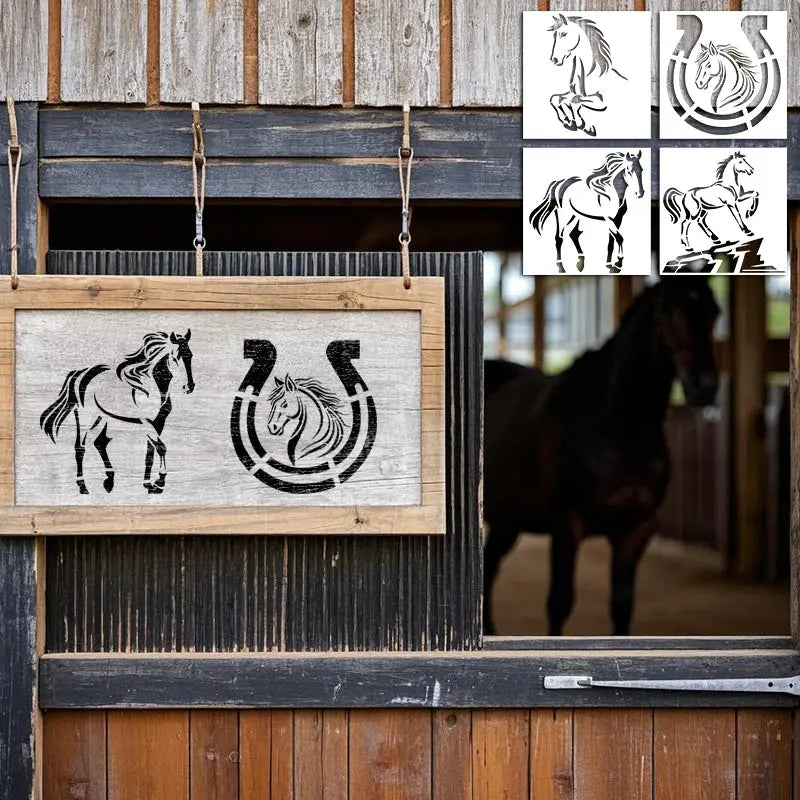 Pochoir Cheval en noir sur panneau d'écurie en bois