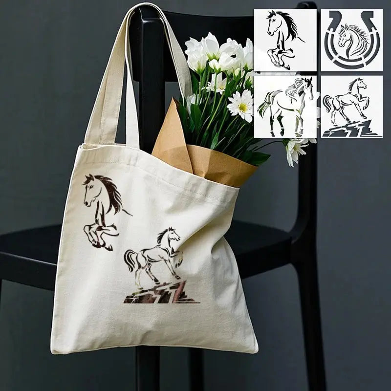 Pochoir Cheval en brun appliqué sur sac en toile claire