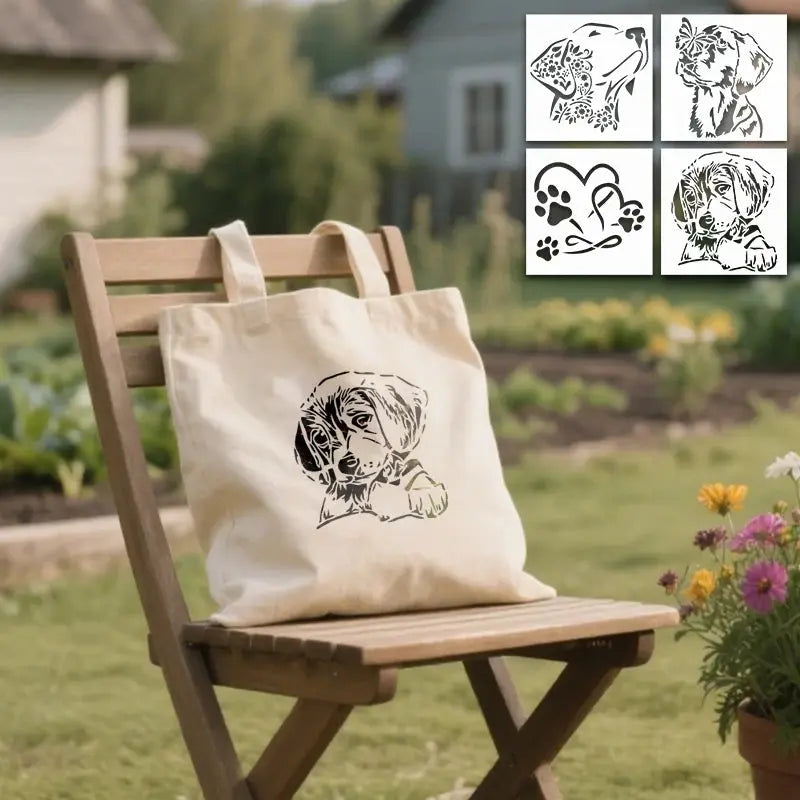 Pochoir Chien Mignon en silhouette noire sur sac en toile