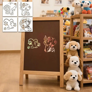 Pochoir Chien Mignon en couleur sur ardoise de boutique