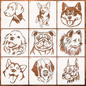 Pochoir chien lot 9 portraits races : labrador corgi husky bulldog berger pomeranian dogue