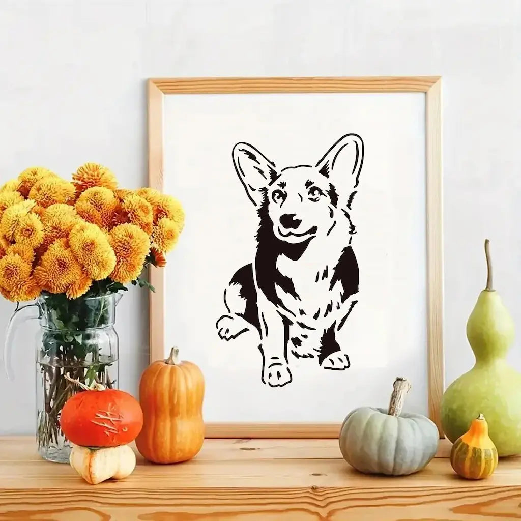 Pochoir chien corgi peint noir encadré bois clair, citrouilles décor d'automne et chrysanthèmes
