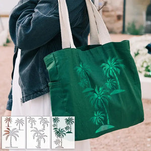 Pochoir Cocotier vert appliqué sur sac en toile foncée