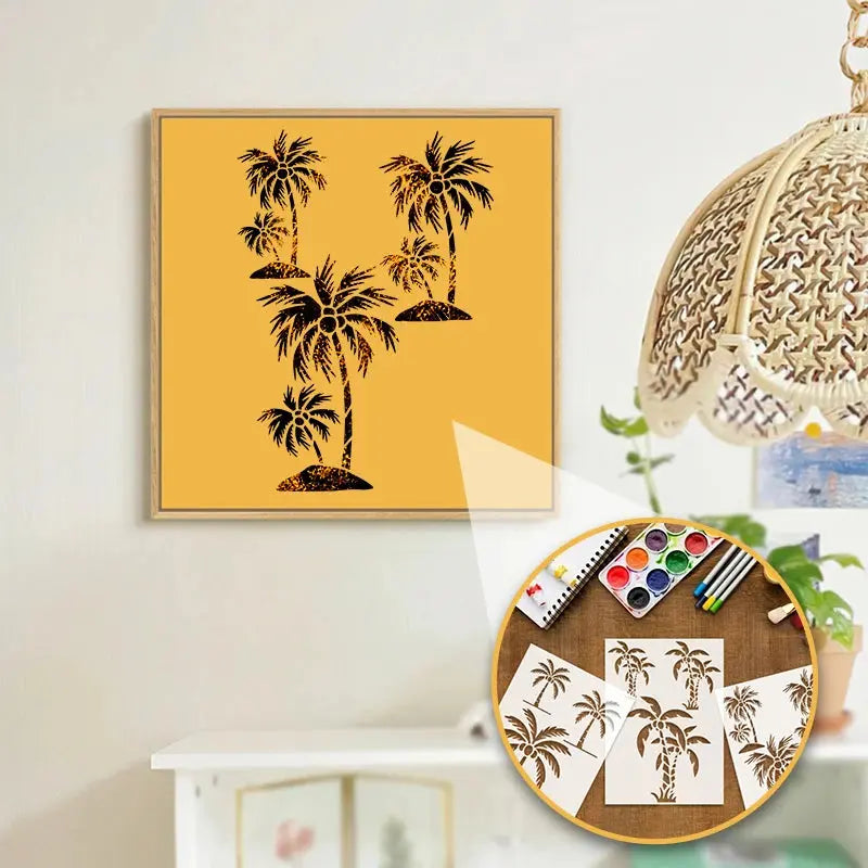 Pochoir Cocotier noir sur tableau jaune décoratif