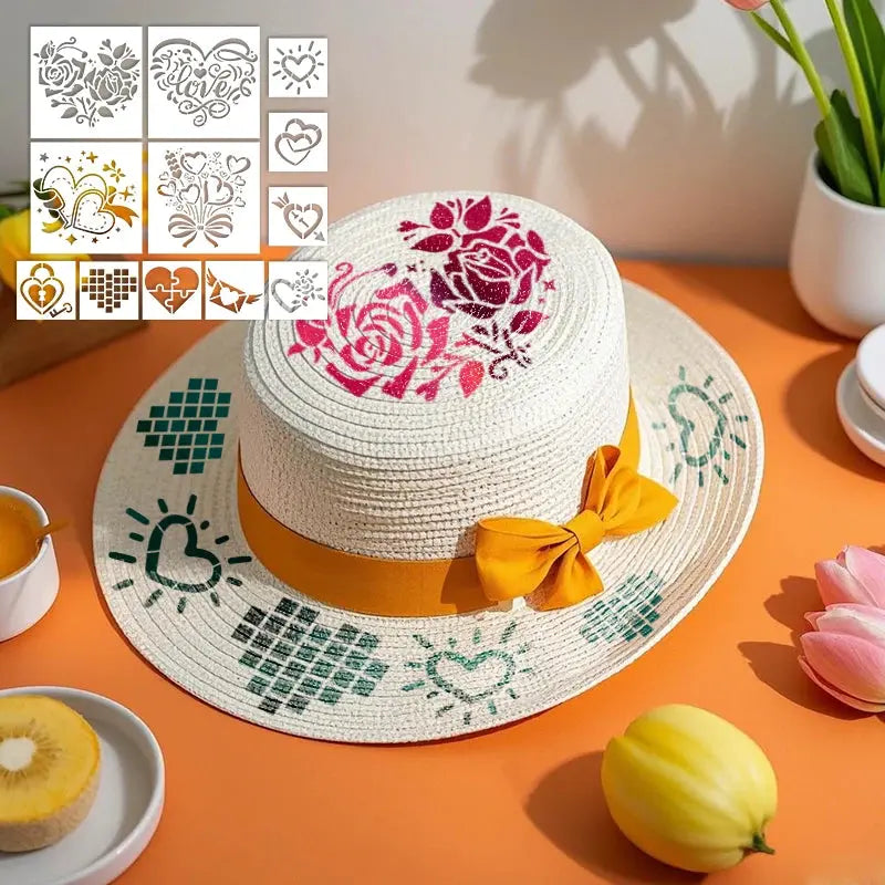 Pochoir Cœur Saint Valentin rose sur chapeau de paille