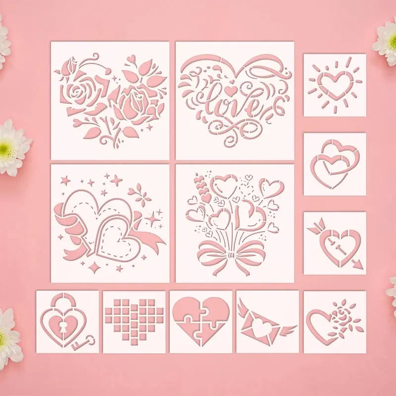 Pochoir Cœur Saint Valentin vue détaillée quatorze motifs