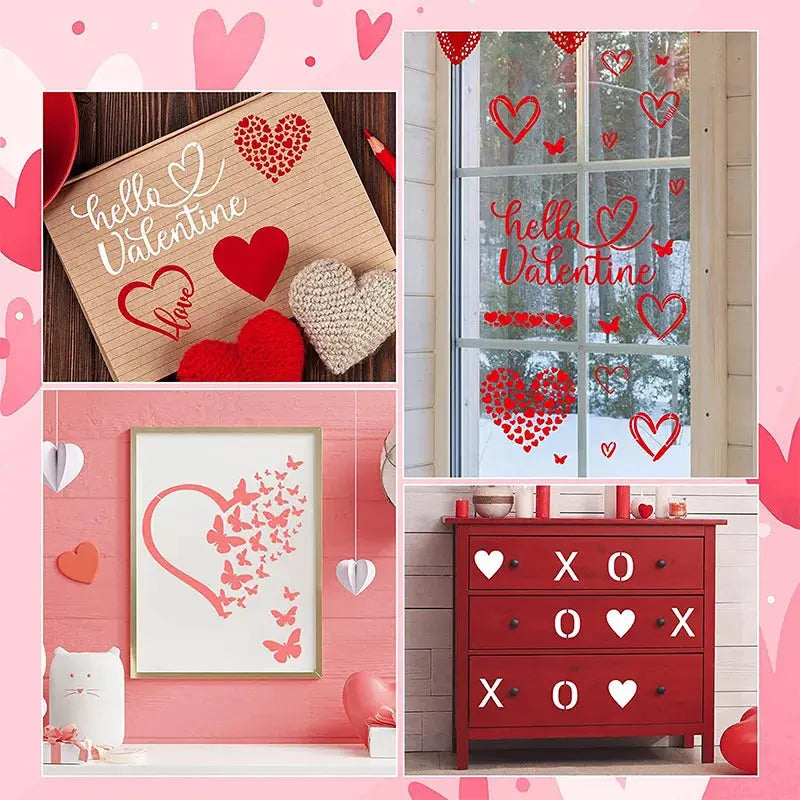 Pochoir coeur inspirations Valentin : Hello Valentine sur fenêtre, papillons et commode XOXO