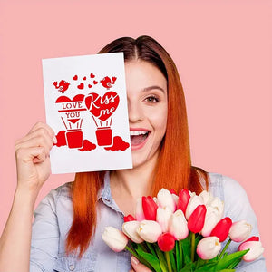 Pochoir coeur cartes Saint-Valentin Love You Kiss Me, jeune femme bouquet tulipes rouges blanches