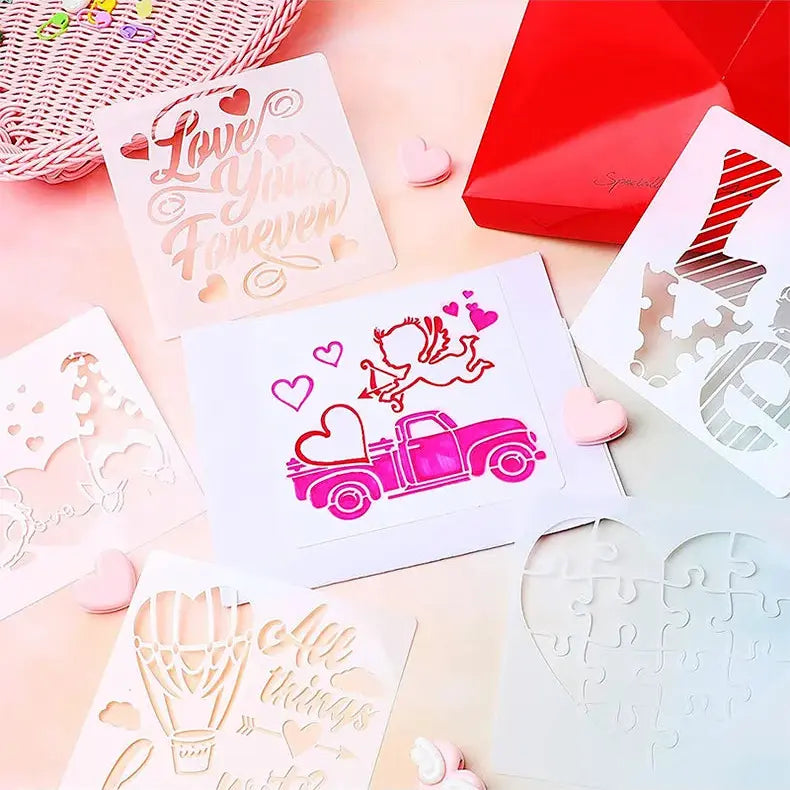 Pochoir coeur lot Love You Forever cupidon camion rose, cartes Valentin et cœurs ballons