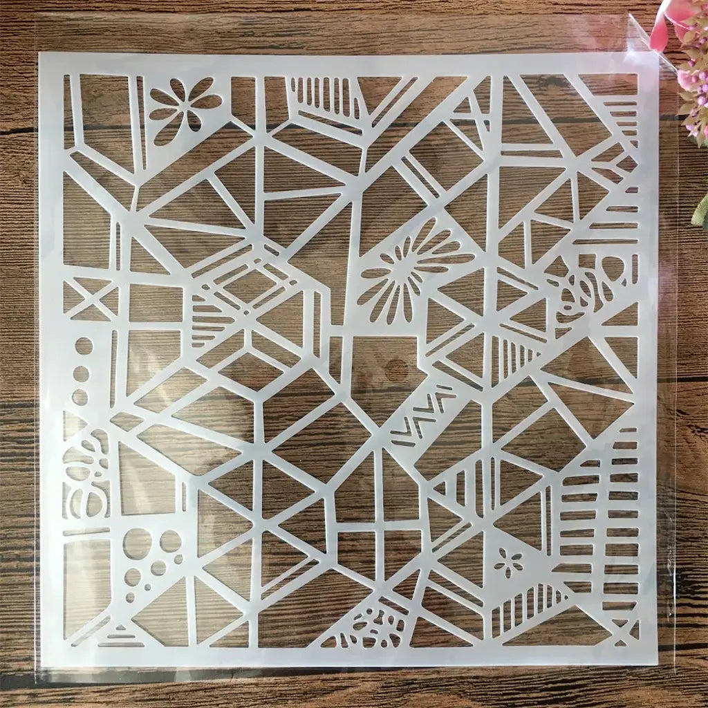 Pochoir coquillage mandala floral étoilé, motif arabesque détaillé format carré sur bois