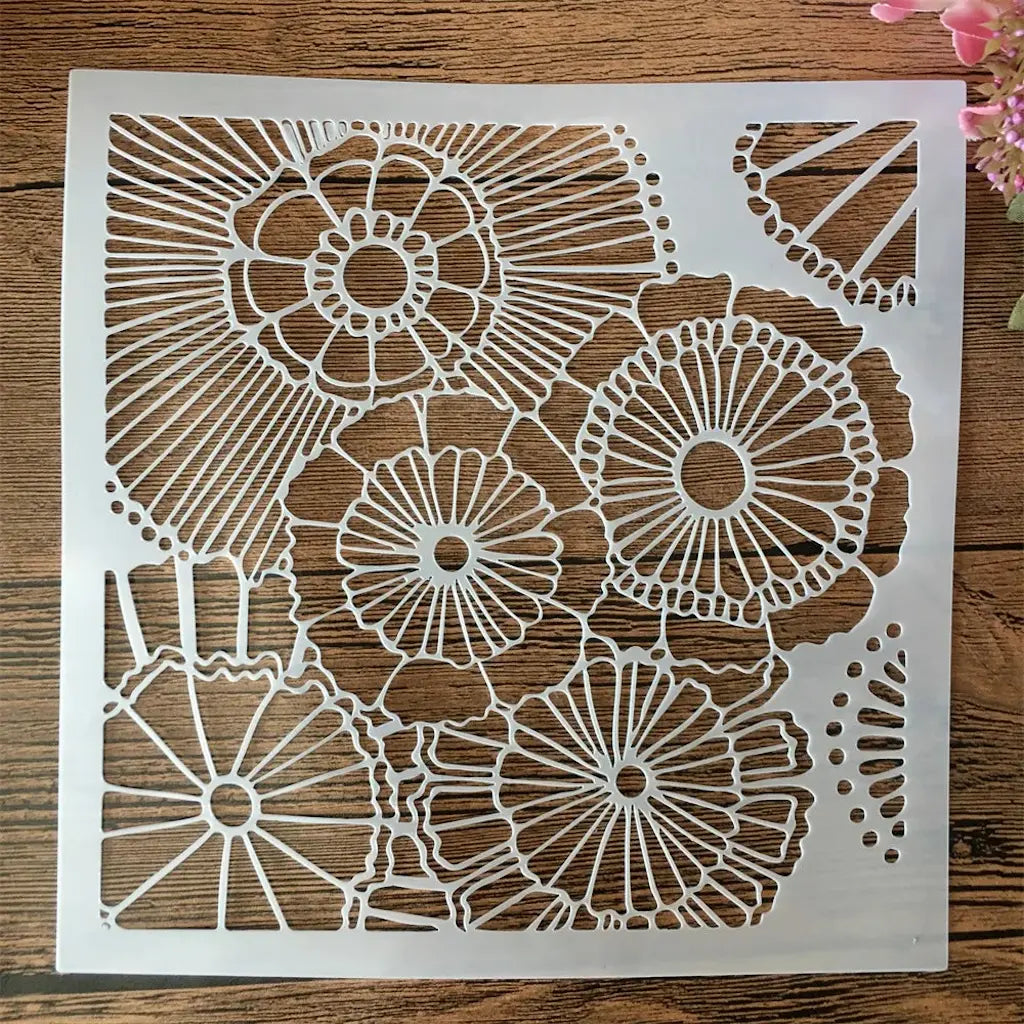 Pochoir coquillage motifs roues et soleils géométriques, feuilles bordures et points épars